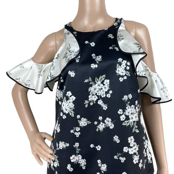 AMUR Jennifer Women Black White Floral Cold Shoulder Ruffle Sleeves Mini Dress 4 - Picture 3 of 9